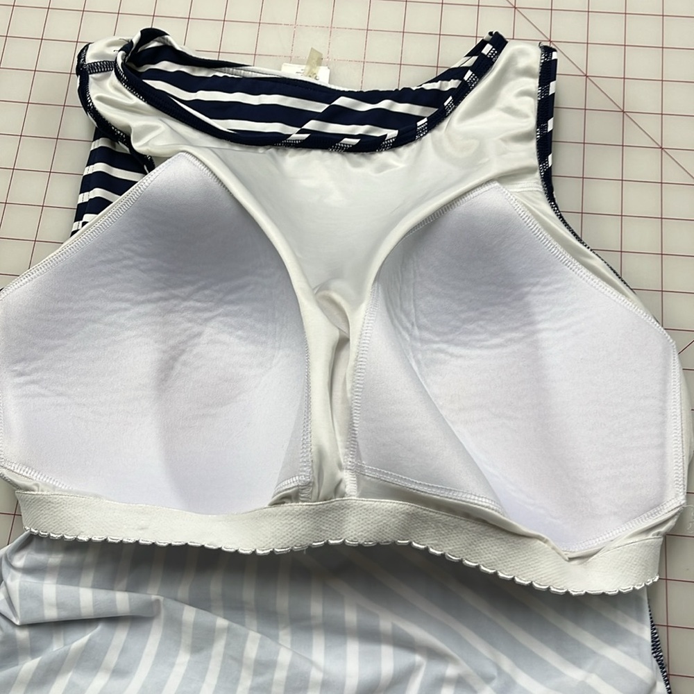 LAND'S END Navy/WHT Stripe High Neck Modest/Full Coverage Tankini Swim Top 16DD - Picture 8 of 15
